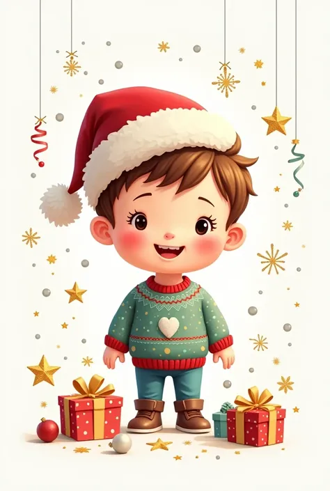 Adorable Christmas boy surrounded by lots of Christmas details like sparkles, DEEPLESS FLAT vector image appearance . fondo blanco