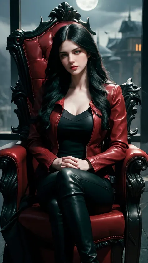 ( Woman similar to Yennefer from The Wicther), ( long wavy black hair), (pale skin), (Green Green Eyes), (wearing red leather jacket ,  Black V-neck inner shirt , and Tight Black Pants), ( Night Office with Moonlight ), ( Sitting elegantly in throne pose )...