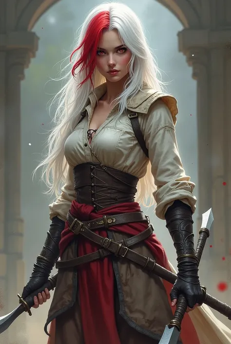 Create a rogue RPG character , , a woman with white hair with only a red patch in them, a red eye and another gray eye, holding scimitars in her hands,  and dress up as a typical peasant of the time 