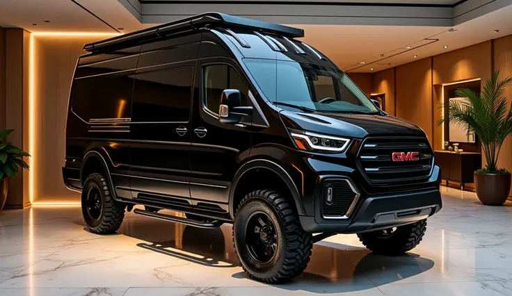 Back side view of 2025 black GMC CAMPER VAN in sleek and modren and rugged and offroad style parked in a luxury Showroom Background
