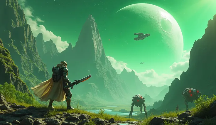  Create an exuberant and realistic image of a game scenario  (videogame) in open world ,  set in a distant galaxy . The main focus should be a green planet ,  with a rocky surface and imposing mountains that rise against a starry sky .  The mountains must ...