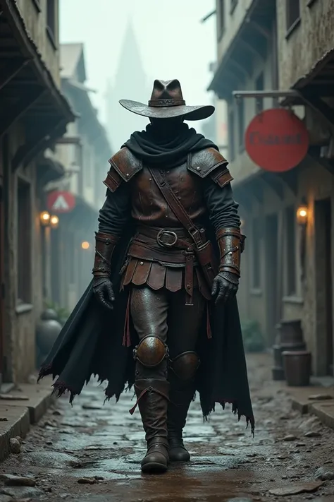 A dark ages bounty hunter in ranger armor walking through a town 