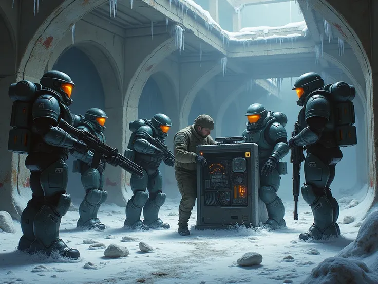  group of space marines protecting a soldier who is dismantling a power generator ,on an abandoned base , futurist ,Destroyed place , dark, with ice, com neve,  signs of previous battles 