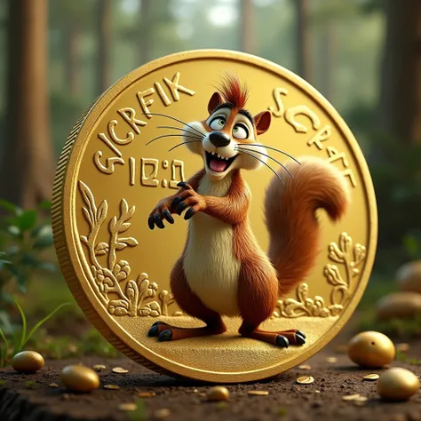 “Scrat” the squirrel character from the movie  : The Ice Age,  is minted in the center of a gold coin with many details and in the center of the image, In the background there is a pine and walnut forest with a slight blur in the background  