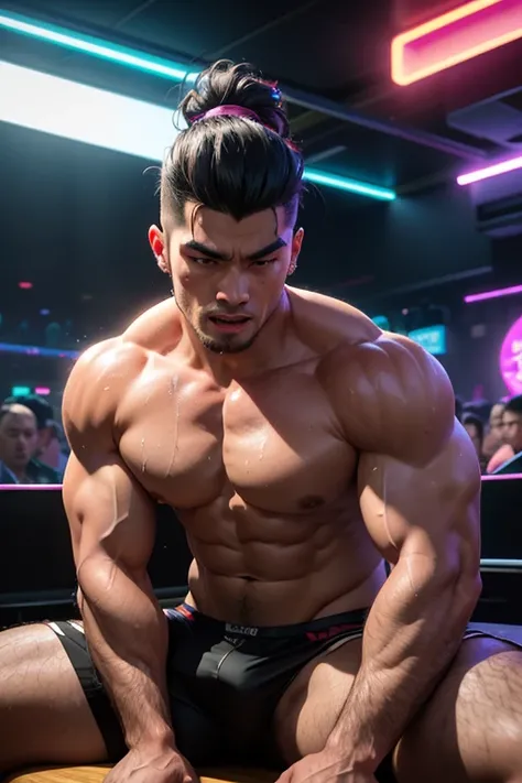 a muscular aroused mongolian man sitting at a table, a crowded male strip club interior, colorful neon lights, pulsing music, shirtless dancers on stage, glamorous outfits, suggestive movements, sensual expressions, dramatic backlighting, high energy atmos...