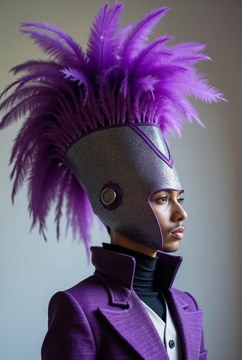 Create a purple and silver featherless cap for Uruguayan murga for men that is tall and has several materials, that doesnt have such a wide frill and is rather tall  
