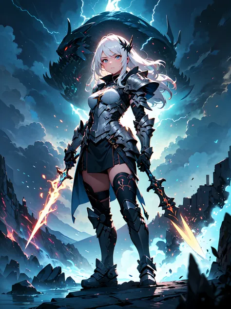 (((masterpiece, best quality, high detailed, 16k))) (1girl) A fierce and commanding woman with short, wild white hair that crackles with static energy, and stormy gray eyes that flicker with lightning. Her expression is one of sheer determination, her pres...