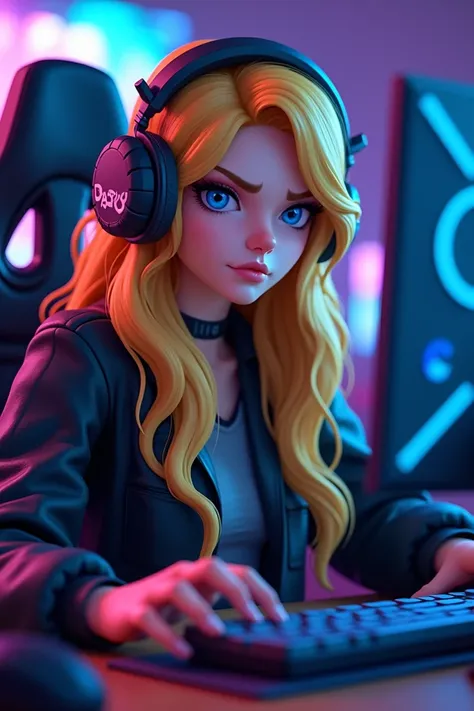 Mandy de brawl star, yeux bleu et cheveux blond assise devant un pc avec un casque de jeu vidéo sur la tête 