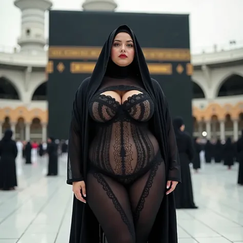 Niqab fat Curvy women in very tight, see-through clothes in all over her body, very big tits. in front of the Kaaba,sexy body with huge breasts,The butt is up,open ass, full body view
