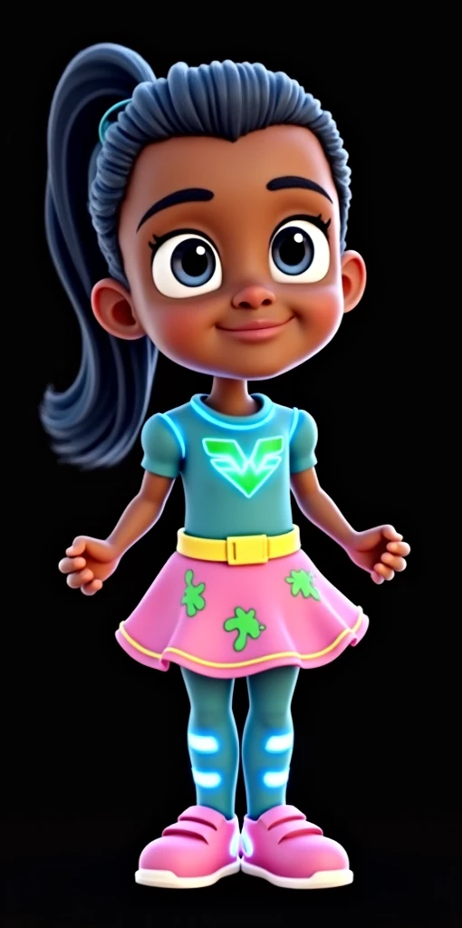 Natalia, pj masks OCs, Afro-American skin, dark blue ponytail hair, Blue light suit With green splat, Yellow belt, pink Skirt with green splats, Blue light leggins, Pink shoes, 