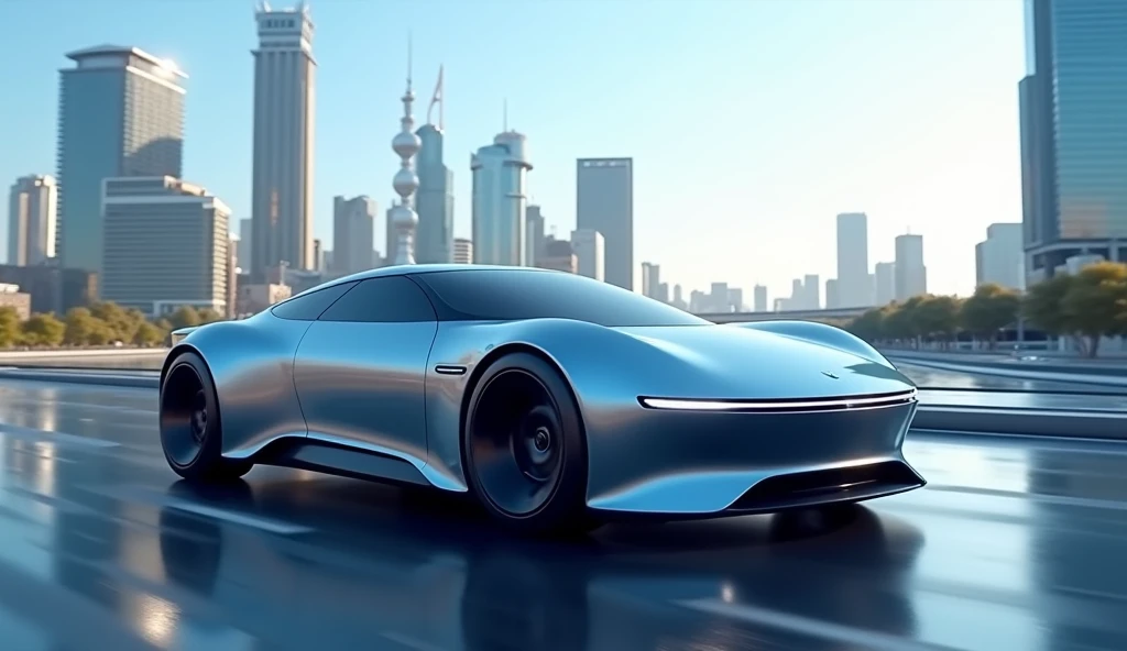 Depict a futuristic electric car utilizing the latest advanced technology of 2024. The car features a sleek, aerodynamic design with a smooth body and a modern metallic color, such as blue or silver. The front view showcases a minimalist grille and slim LE...