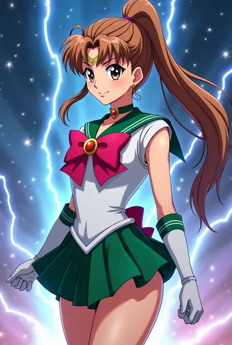 Make me an image of a young adult Sailor Jupiter with brown hair styled with a ponytail wearing her green scout dress and pink bow on her chest doing fighting poses against a background of stars and lightning full HD anime version 