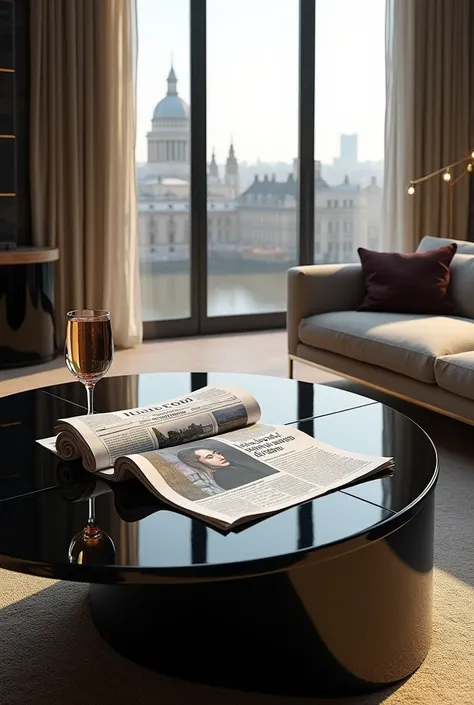  Create an image of a coffee table lacquered in black with a newspaper .  The headline of the newspaper reads  " LIZZIE VERNIERI THE WINE PRINCESS ". The newspaper is from London .  In the background a modern room with an innovative design in the color bla...