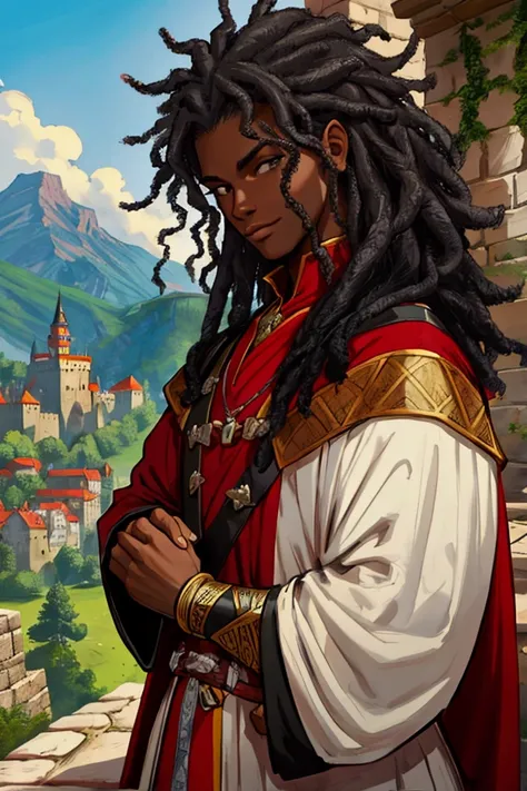 Medieval  without a leg , black skin, afro hair, wearing a red tunic,  faces a mountainous castle.