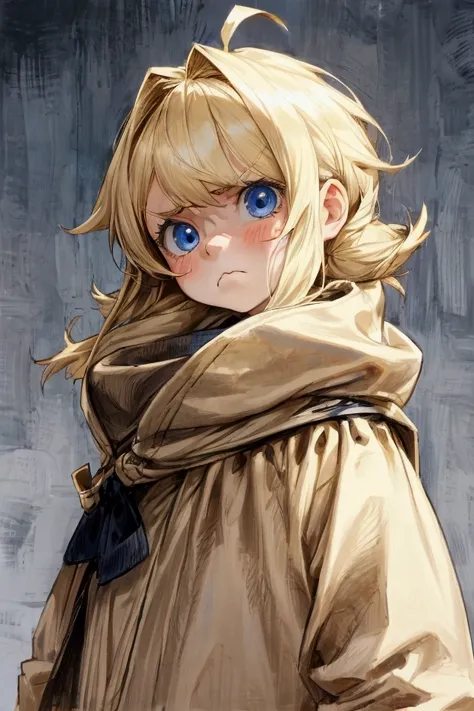 a young girl , small girl, shoulder length blonde shaggy hair style , round face , blue eyes , grumpy face, over-sized clothes, tomboy, background: school with students in the background