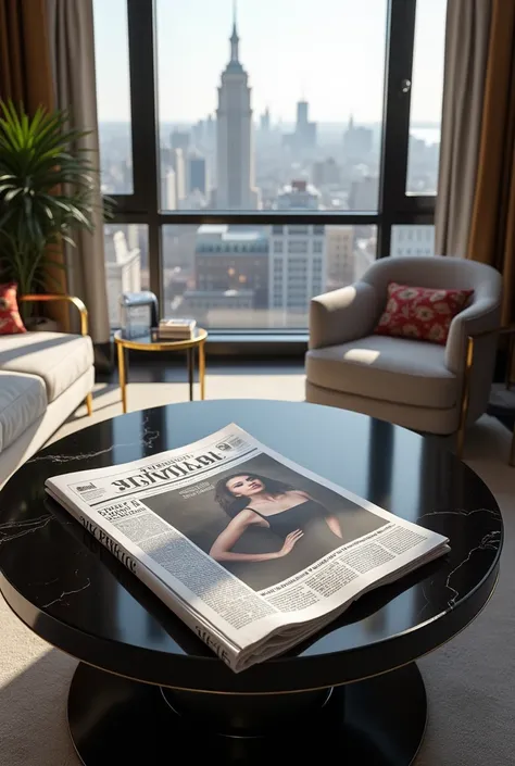  Create an image of a coffee table lacquered in black with a newspaper .  The headline of the newspaper reads  " LIZZIE VERNIERI THE WINE PRINCESS ". The newspaper is from London .  In the background a modern room with an innovative design in the color bla...