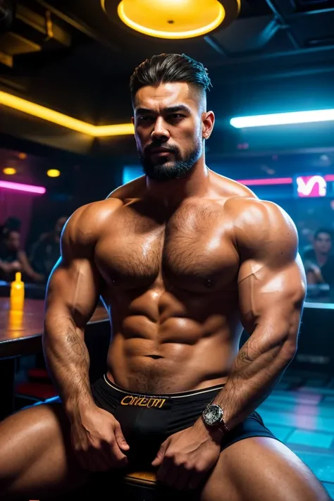 a hunky beefy mongolian man sitting at a table in a crowded male strip club interior, colorful neon lights, pulsing music, shirtless dancers on stage, glamorous outfits, suggestive movements, sensual expressions, dramatic backlighting, high energy atmosphe...