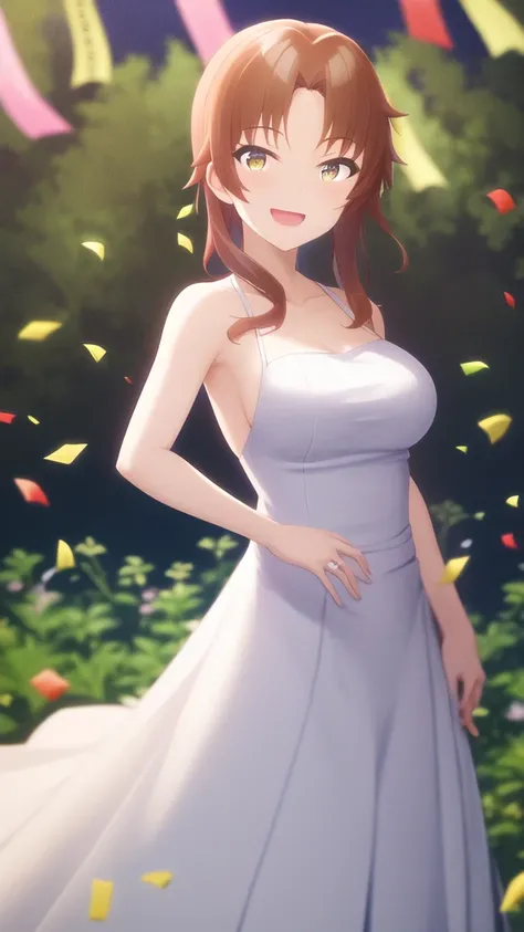 masterpiece, best quality, high quality, girl, solo, looking at viewer, tetsuhiko_kai, large breasts, wedding Dress, standing, garden, confetti, holding bouquet, smile, open mouth,