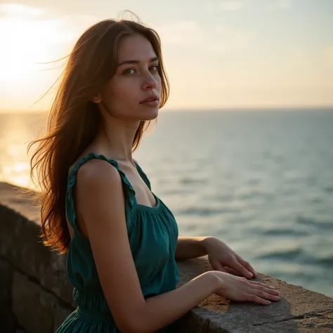 a pensive young woman with dark auburn hair, wearing a teal dress, sits by a stone balustrade overlooking a calm ocean, golden hour lighting, melancholic mood, ocean breeze, romantic atmosphere, photorealistic