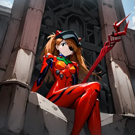 1girl, souryuu asuka langley, neon genesis evangelion, rebuild of evangelion, lance of longinus, cat hat, plugsuit, pilot suit, red bodysuit, sitting, crossed legs, black eye patch, throne, looking down, from bottom, looking at viewer, outdoors, masterpiec...