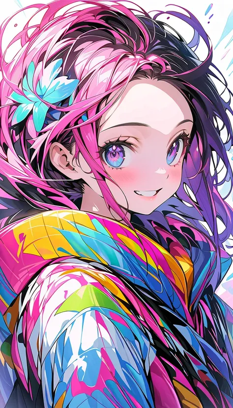 (  Masterpiece ,   best quality ,  Official Art:1.2), ( colorful ),  Looking at the Audience ,  one girl who is at ease, Alone, White background, floating  colorful  water,   Ultra Fine Illustrations  , highly   Details,  dynamic angle , beautiful   Detail...