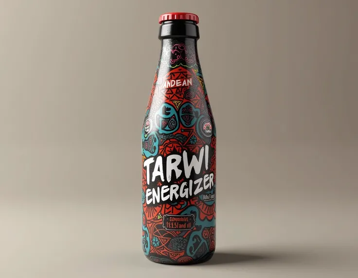 NOW COULD YOU GIVE ME A BOTTLE LABEL OF A TARWI ENERGIZER WITH A VERY STRIKING TIN BOTTLE THAT MAKES YOU WANT TO TRY IT WITH A LITTLE COLOR THAT HIGHLIGHTS THE ANDEAN IN A MODERN 3D WAY 