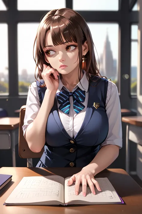 masterpiece, best quality, amazing quality, very aesthetic, high resolution, ultra-detailed, absurdres, newest, scenery, dark, 1girl, brown eyes, long brown hair, massive breasts, looking away, pout, (cleavage:0.6), vest, school uniform, blue bowtie, bow, ...