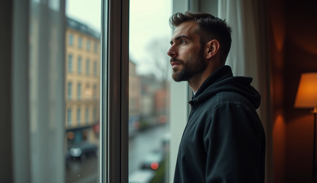 A 30-year-old man looking out the window 