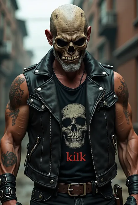 Male biker wearing black leather vest , com nome no colete Kill,  skull face with Moto Clube Insano MC logo