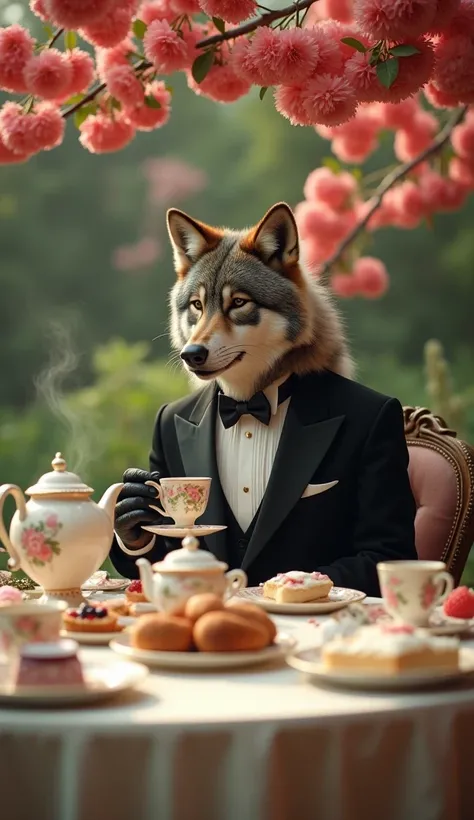 An ultra-realistic cinematic photographic image in vintage Hollywood, classic retro and art deco style, probably inspired by the 1920s to 1940s, of a wolf in a tuxedo, very elegantly sitting at the table of an afternoon tea party. In his furry paws the wol...