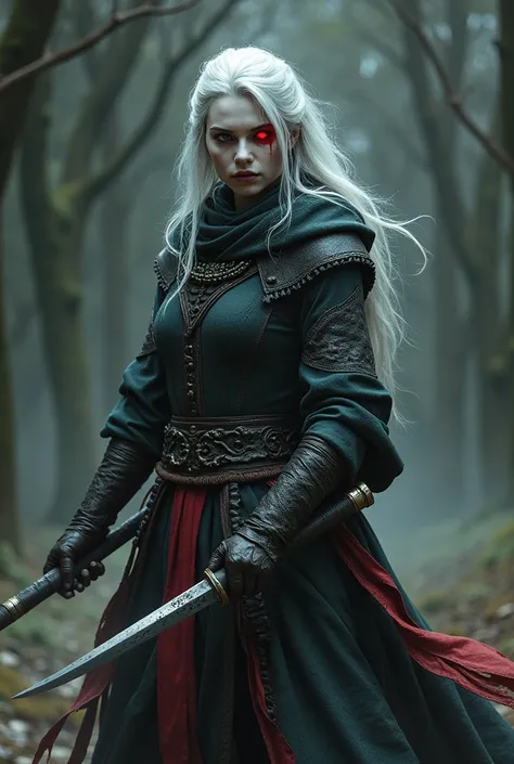 Make a woman with slightly gray skin, white hair with only a red patch in her hair, an eye of each color, one of them red, holding scimitars in her hands with typical medieval robes.