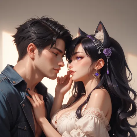 Create 2 characters . A boy does he have wolf ears black hair,  and a girl she has cat ears, Her hair is purple and short . 