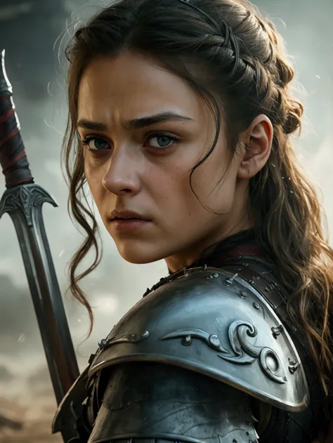 (best quality,4k,8k,highres,masterpiece:1.2),ultra-detailed,(realistic,photorealistic,photo-realistic:1.37),sword-wielding,ferocious,brave warrior,girl with a brave and determined expression,Arya Stark from Game of Thrones,detailed facial features,expressi...