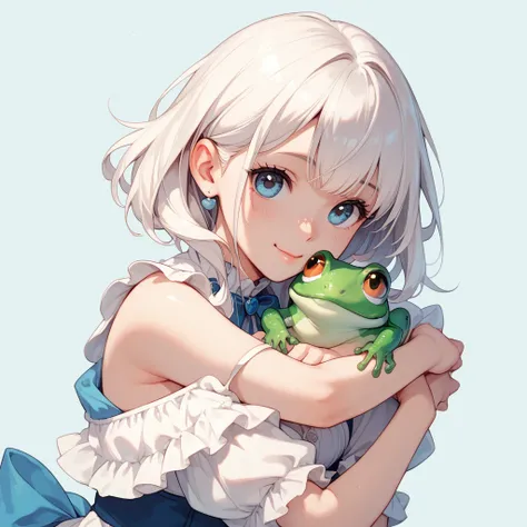 Girl cute with white hair and she wear a costume of frog, she hug a cute frog, transparent background