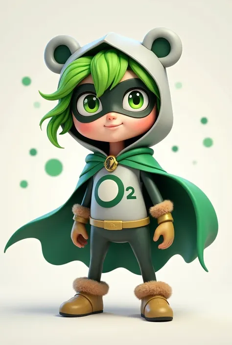  Generate a character for a 2D game on the Disney Pixar model .  The dolls color palette will be gray ,  green and white .  The doll will have a cape and a mask , Like a hero ,  and on your clothes you will have written  "o2".  Make the doll in various fro...