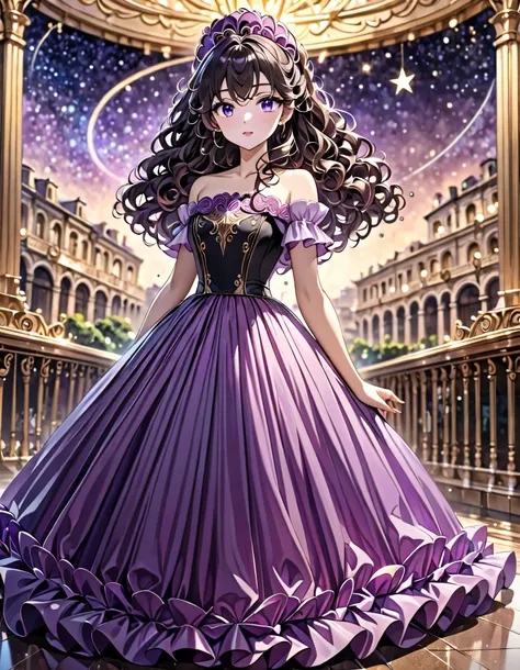 detailed background, masterpiece, best quality, 1 person , curly hair, long hair, purple eyes, star in eye , Strapless blouse, long  skirt