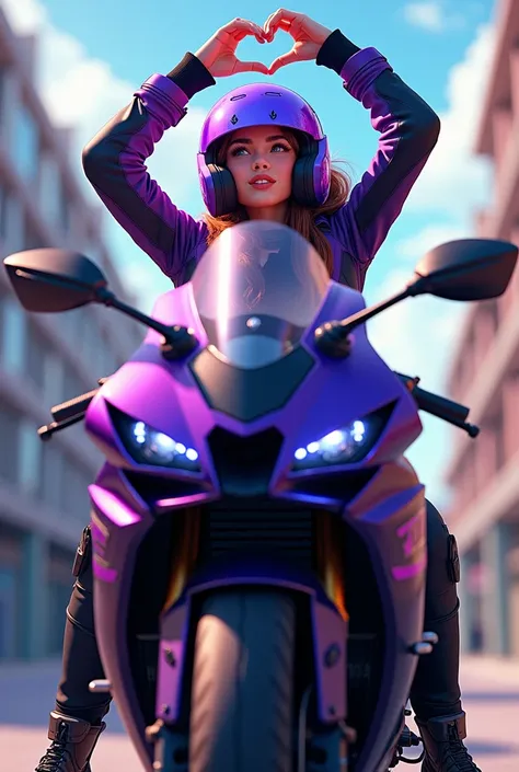 You can make a motorcyclist believe with a purple helmet on a black and purple kawasaki ninja zx-10r, looking up and making a heart with her hands over her head  ?