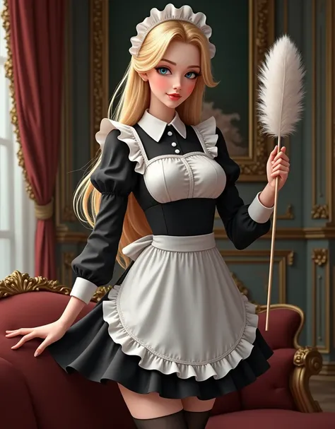  A blonde with long hair in a maid costume 