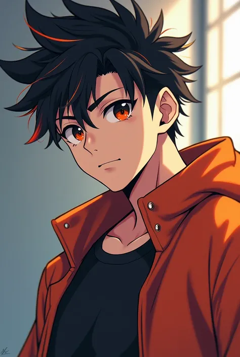 Teenage MALE anime,moreno, BLACK eyes with orange pupils, black updo orange tips,clothing for going to the gym 