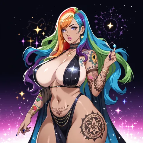 Backview of a Gorgeous heavily tattooed plump plus-sized evil sorceress with brown skin, giant breasts, tummy pudge, thick thighs, wide hips, long rainbow hair, full lips, big sparkly eyes, tattoos, glittery . glittery rainbow background with black glitter...