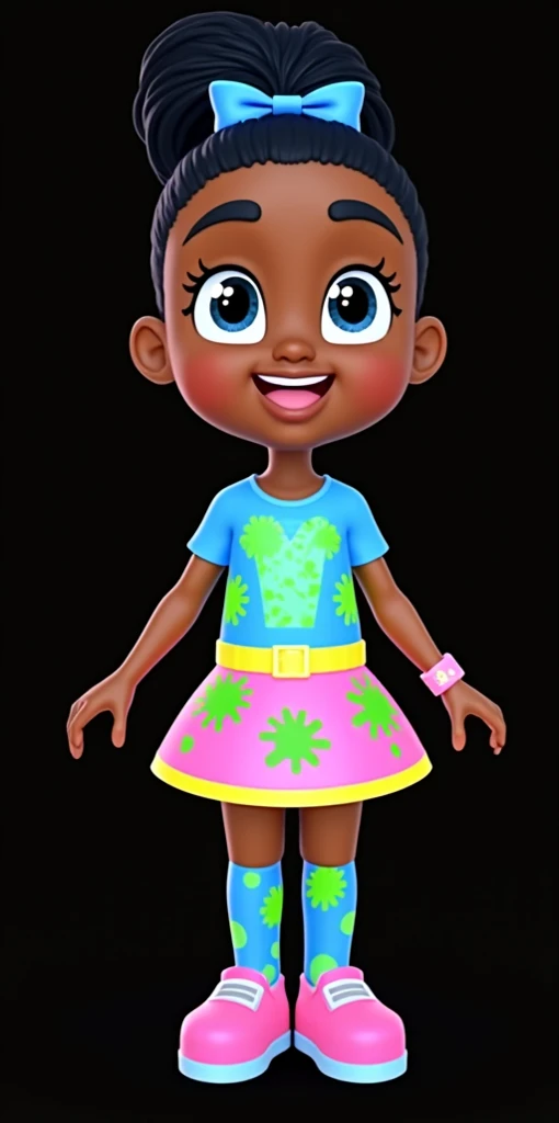 Natalia, pj masks OCs, Afro-American skin, dark blue ponytail hair with blue Headbow, Blue light suit With green splat, Yellow belt, pink Skirt with green splats, Blue light leggins, Pink shoes,