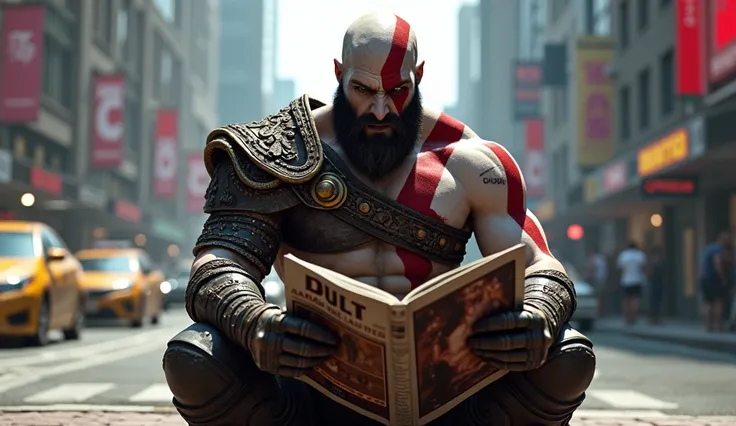 kratos reads an adult magazine on the side of the road in the middle of the city