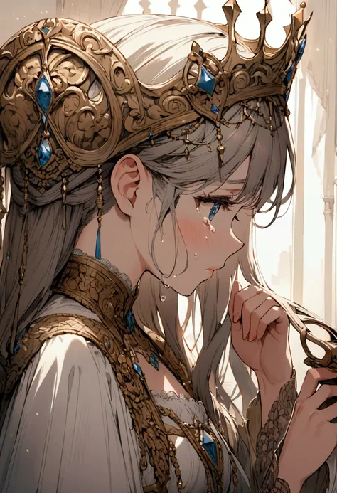 A princess crying while holding her crown that almost fell from the side of her head