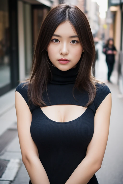 ((Cross your arms in front of your body、The string digs into my chest、street snap))、(bright colored turtleneck、Tight clothes)、cute japanese woman、23 years old、young girl、big breasts、simple background