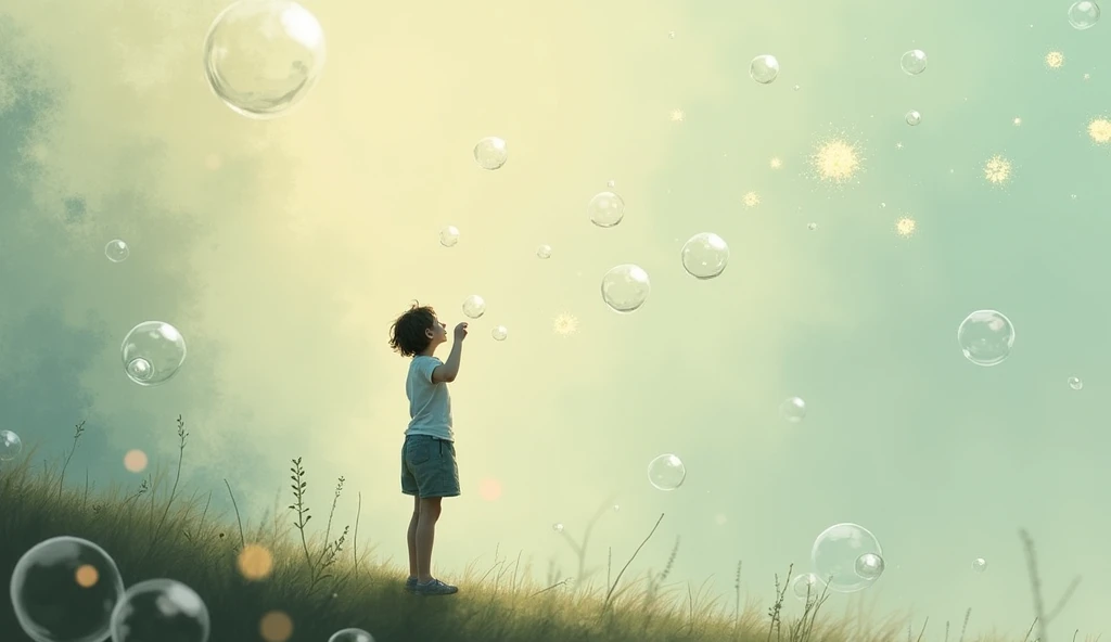 The breath of life :  A figure blowing soap bubbles that represent moments of pleasure,  while some explosions ,  symbolizing the ephemerality of happiness .