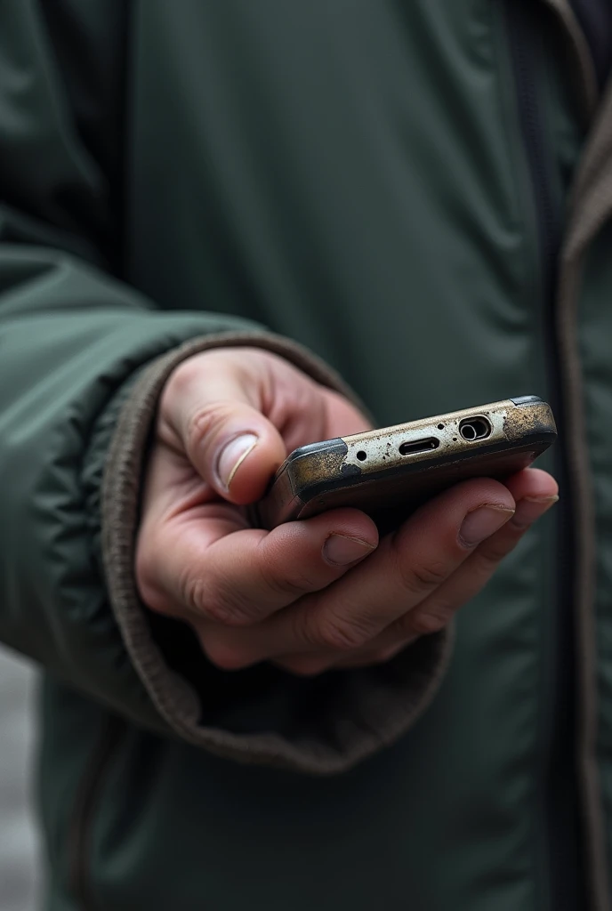  A close-up of a worn out phone in the homeless mans trembling hand, Lended by someone .