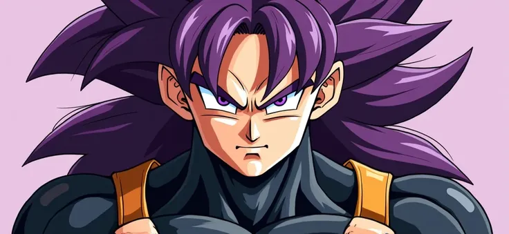  a close up , goku ssj4,  long purple hair, purple eyes, flat colored ,  full body , black fur, 