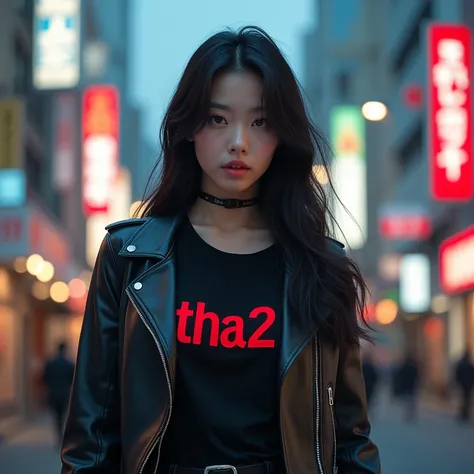 Sexy Korean Beautiful Girl Standing Alone,Wear a leather jacket,On the shirt it says tha2,In the back is a Japanese city.