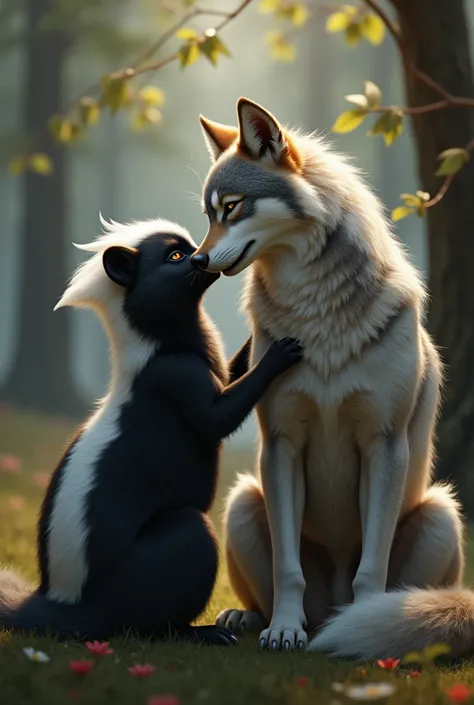 A pretty skunk and a handsome wolf kissing passionately 