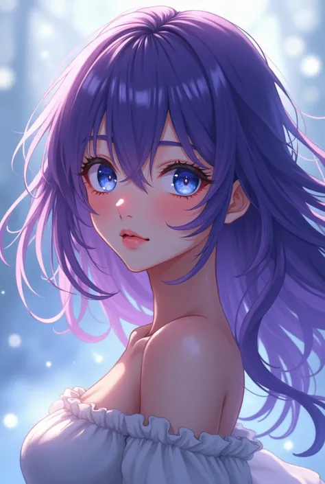 Anime girl with purple hair and blue eyes 